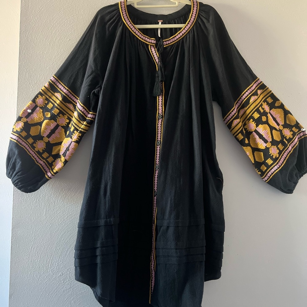 Free People Black Tunic, Dress with Embroidery, size L